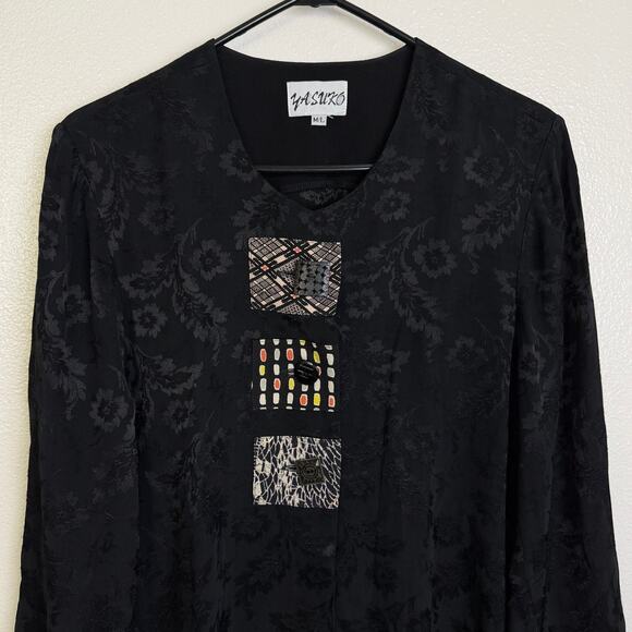 Vtg Yasuko Tunic Top Black M/L Womens Long Sleeve Jacquard Floral Artsy Button - Picture 7 of 10